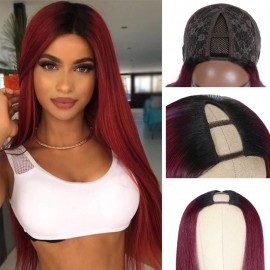 Julia V Part Straight Ombre Burgundy Wigs Upgrade U Part Glueless Human Hair Wigs With Dark Root 150% Density