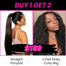 Julia Buy One Get One Free: V Part Kinky Curly Wigs Upgrade U Part Glueless Wigs With Straight Weave Ponytail 100% Human Hair