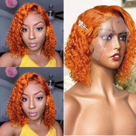 Julia Ginger Water Wave BOB Human Hair Wigs Middle Part Lace Front Colored Short Wigs 150% Density