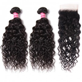 Julia 2 Pieces Water Wave Human Hair Bundles With Closure Natural Color Customizable Water Wave Wig