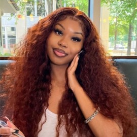Julia Hair Reddish Brown Human Hair Big Curly Wigs Dark Auburn Colored Water Wave Transparent Lace Front Wigs 150% Density