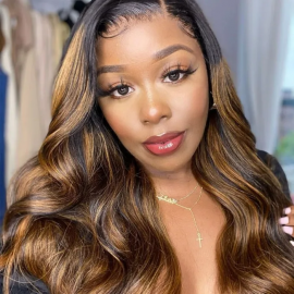 Julia Affordable Balayage Highlights 13X4 Lace Front Wig 150% Density Body Wave Transparent Lace Human Hair Wigs