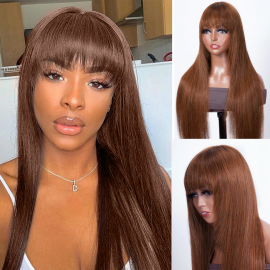 Julia Rich Brown Silk Straight Wigs With Bangs Glueless Machine Made Good Quality Human Hair Wigs Flash Sale