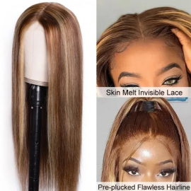 Julia Highlight Wig Ombre Color Straight Wave 13x4 Lace Wigs Invisible Pre Plucked Lace Front Highlight Wigs 150% Density