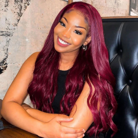 Julia Burgundy Color Body Weave 4x4 Lace Part Wig Send Burgundy Headband Body Wave Wig14 Inch For Free