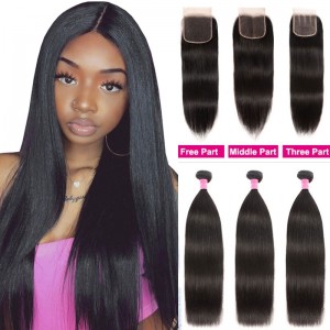Julia 3Pcs Human Virgin Brazilian Hair Straight Bundles With Lace Closure