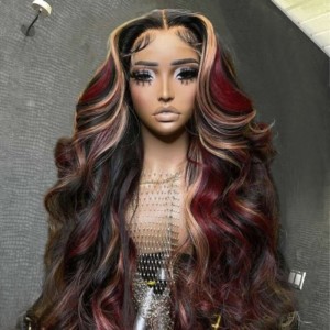 Julia Hair Black with Red & Blonde Highlights 13x4 Lace Front Multi Color 7x5 Bye Bye Knots Loose Wave Human Hair Wig 