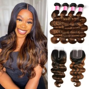 Julia Balayage Ombre Body Wave Hair 4 Bundles With 1B/30 Ombre 4X4 Lace Closure