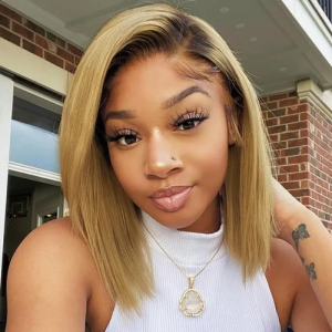 Julia Layered Bob Lace Front Wigs Ombre Honey Blonde Colored Human Hair Wigs With Dark Brown Root For Sale