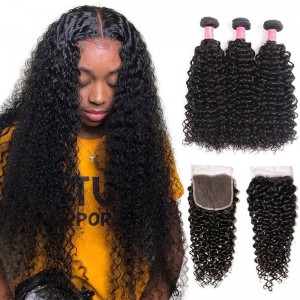 Julia Virgin Jerry Curly Malaysian Hair Weave 3 Bundles with Lace Closure