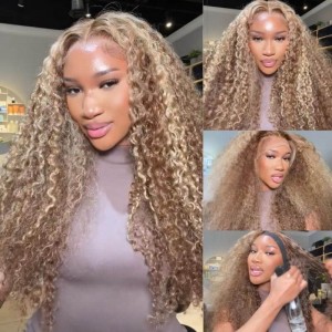 Julia Hair Affordable Honey Blonde Highlights 13x4 Lace Front Wig With Baby Hair 7x5 Bye Bye Knots Jerry Curly Transparent Lace Human Hair Wigs Flash Sale