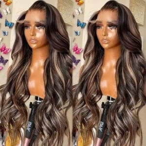 Julia Hair 13x4 Chocolate Brown With Peek A Boo Blonde Highlights Lace Frontal Wigs / 7x5 Bye Bye Knots Body Wave Wig 150% Density
