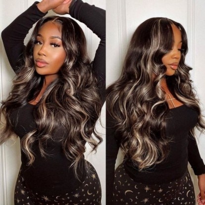 Julia Hair 13x4 Chocolate Brown With Blonde Highlights Lace Frontal Wigs Body Wave Wig Beyoncé Inspired 180% Density Flash Sale