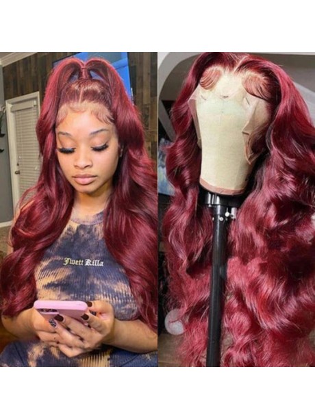 Julia Hair Affordable 99J Burgundy Color Body Wave 13x4 Lace Front Wig 150% Density And 180% Density Pre Plucked Red Human Hair Wigs Flash Sale