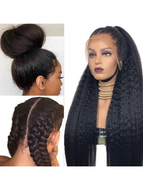 Julia Affordable 13X4 Lace Front Silk Press Kinky Straight Wig Human Hair Wigs With Pre-Plucked Natural Hairline For Sale
