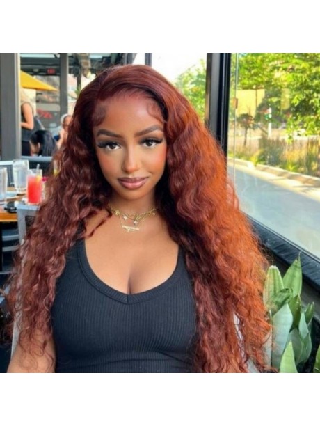Julia Hair Reddish Brown Human Hair Big Curly Wigs Dark Auburn Colored Water Wave Transparent Lace Front Wigs 150% Density
