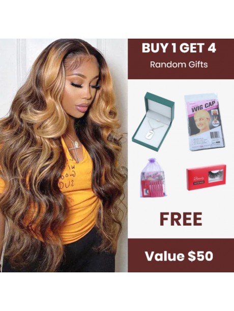 Julia Affordable Honey Blonde Highlights 13X4 Lace Front Wig 150% Density Body Wave Transparent Lace Human Hair Wigs