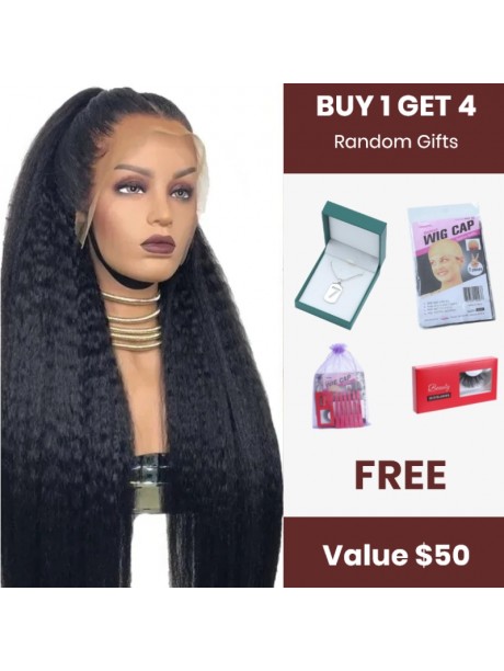 Julia Affordable 13X4 Lace Front Silk Press Kinky Straight Wig Human Hair Wigs With Pre-Plucked Natural Hairline For Sale