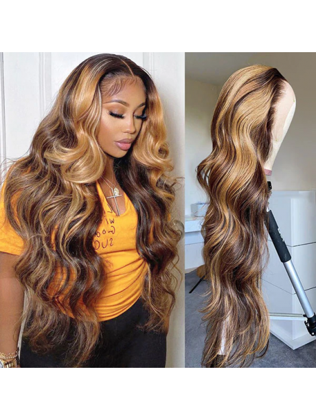 Julia Affordable Honey Blonde Highlights 13X4 Lace Front Wig 150% Density Body Wave Transparent Lace Human Hair Wigs