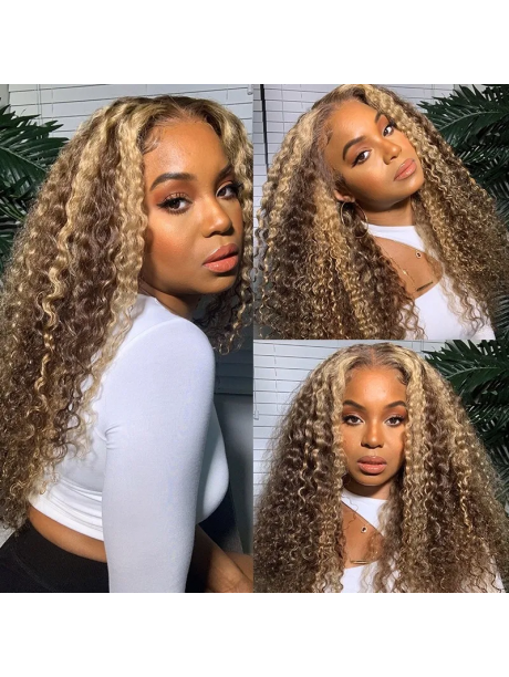 Julia Honey Blonde Ombre Color Highlight 13*5 T-part Pre Plucked Lace Curly Wig150% Density