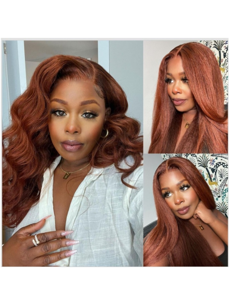 Julia Affordable Auburn Brown Color Kinky Straight Wigs 13X4 Lace Front Human Hair Wig