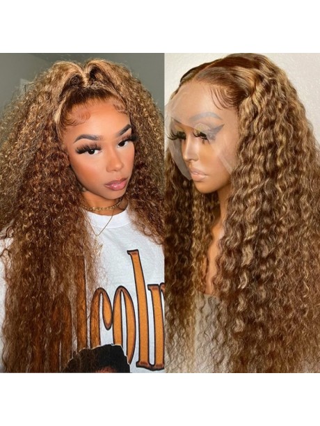 Julia Affordable Honey Blonde Highlights 13X4 Lace Front Wig 150% Density Jerry Curly Transparent Lace Human Hair Wigs