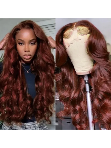 Julia Brownish Red Human Hair Body Wave Wigs 13X4 Colored Transparent Lace Front Wigs 150% Density