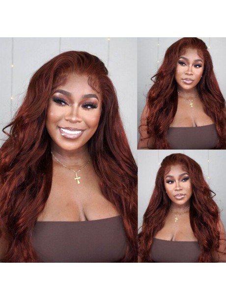 Julia Brownish Red Human Hair Body Wave Wigs 13X4 Colored Transparent Lace Front Wigs 150% Density