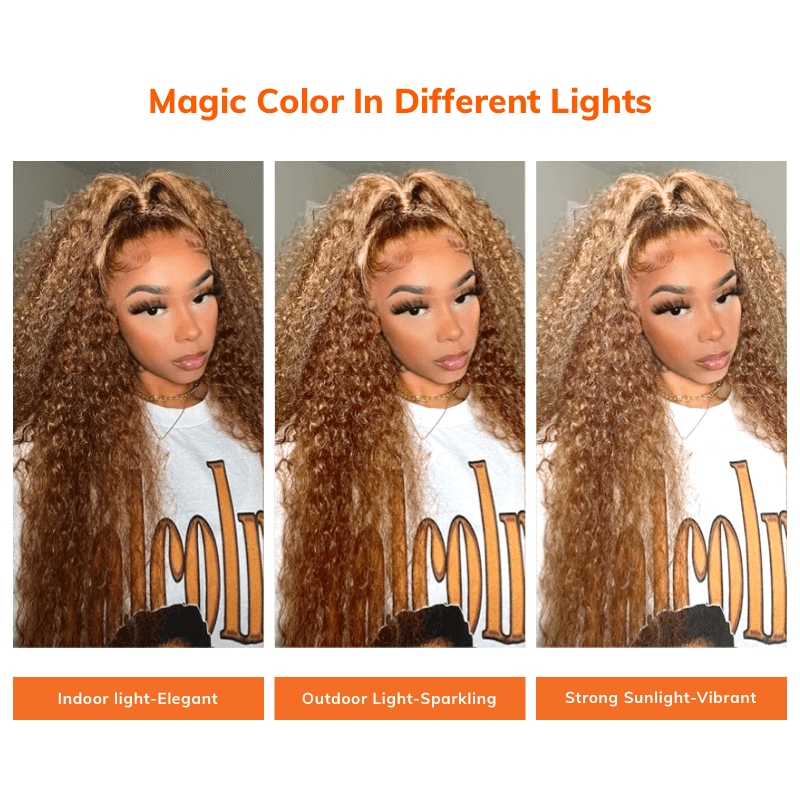 Image of Julia Hair Affordable Honey Blonde Highlights 13X4 Lace Front Wig 150% Density Jerry Curly Transparent Lace Human Hair Wigs Flash Sale