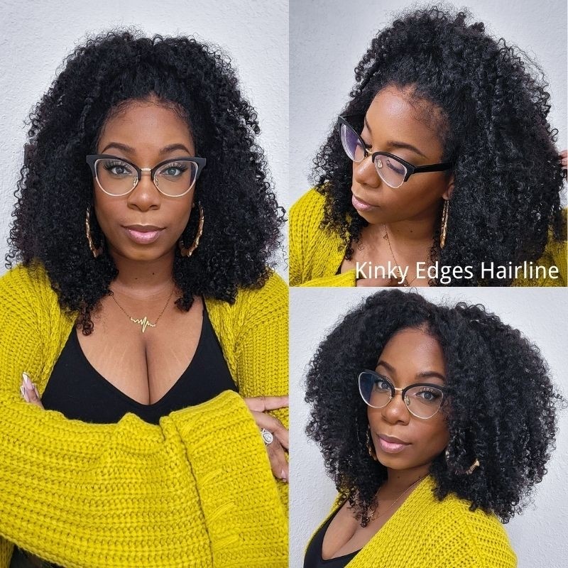Image of Flash Sale Julia Affordable Kinky Curly/Kinky Straight 4x0.75 Lace Part Wigs Pre Cut 4C Kinky Edge Lace Front Wig Fluffy 100% Human Hair Wigs