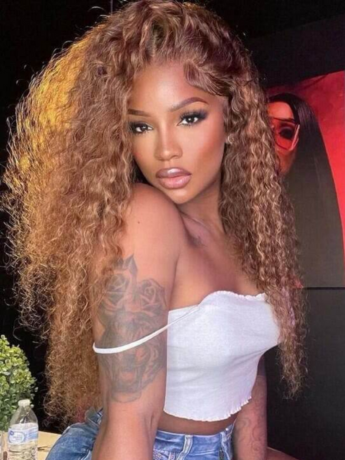 Julia Honey Blonde Water Wave Highlighted Color Wig 6x4.75 Pre Cut Lace 13x4 Lace Front Human Hair Wigs Pre Plucked Piano Brown Color Wig