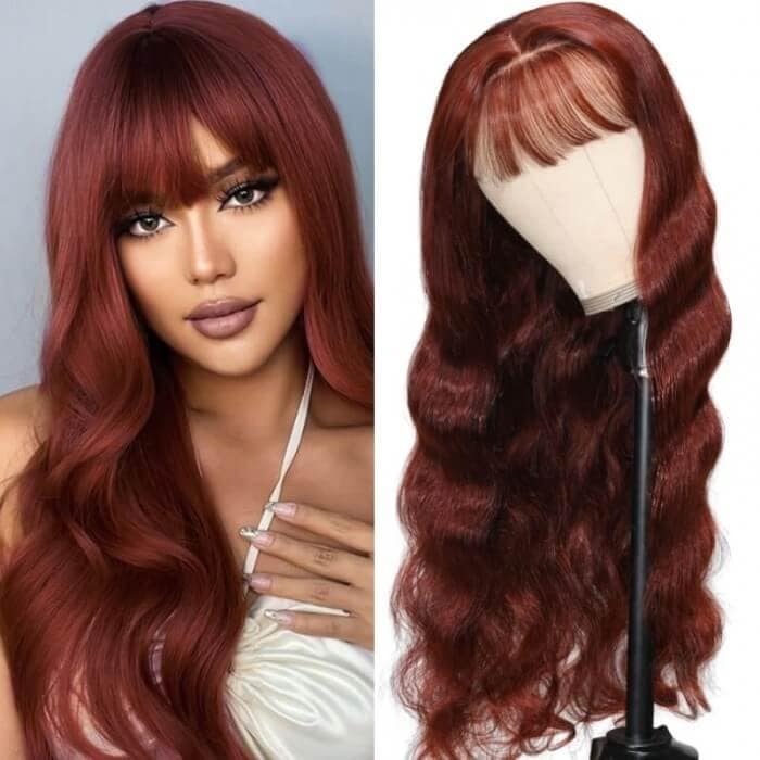 Dark Auburn Body Wave 13X4 Lace Front Wig With Curtain Bangs