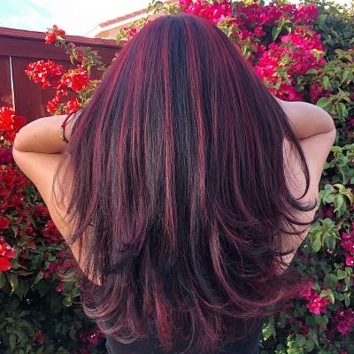 Red highlights on black cherry hair