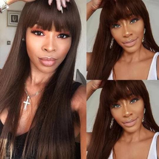 Rich Brown Silk Straight Wigs With Bangs