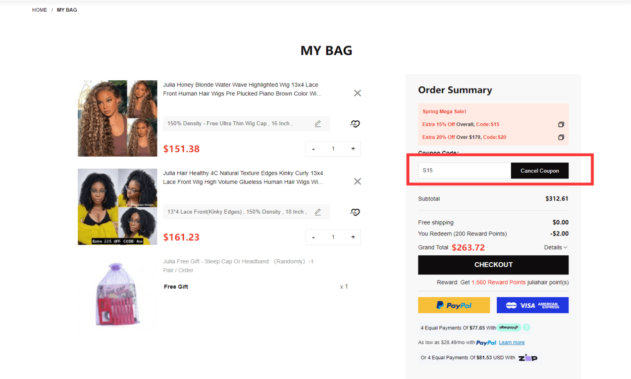 Shopping Cart Page of JuliaHair Mall