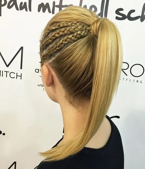 Smooth Blonde Ponytail With Triple-Line Head Plaits