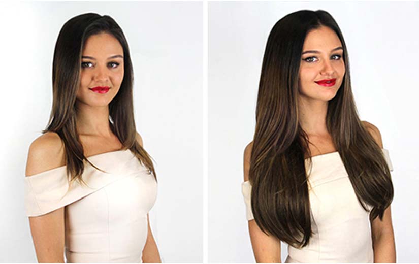 before and after while wearing hair extensions