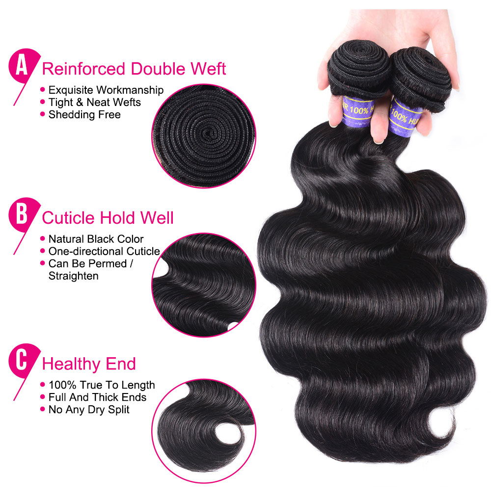 Julia Hair Human Hair Bundles Brazilian 7A Body Wave Weave 3 Bundle Deals Natural Black
