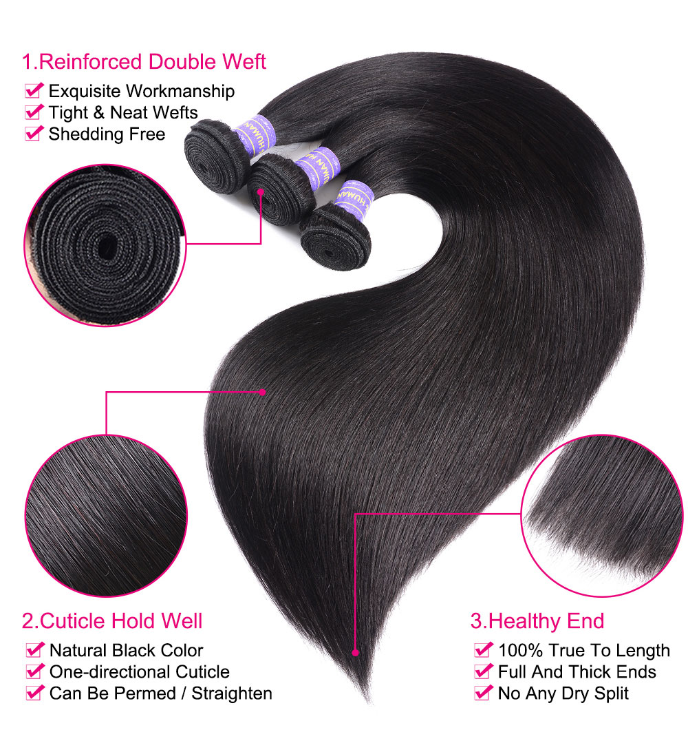 Julia Hair 3 Bundles Straight Human Hair Natural Black Brazilian Hair Weave Bundles Soft And Natrual Virgin Human Hair
