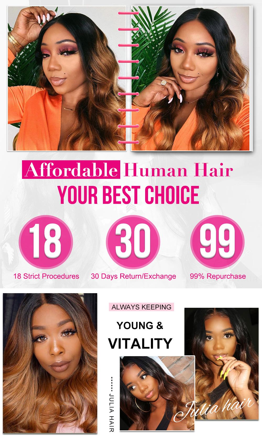 Julia Balayage Hair Color Virgin Hair 3 Bundles Body Wave 1B/30# Highlights Ombre Color