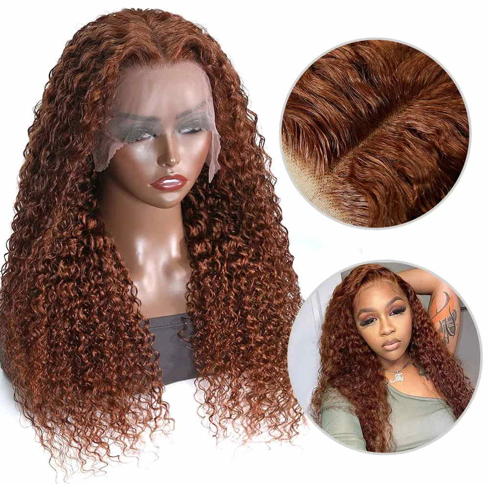Julia #30 Brown Ginger Color Jerry Curly Wigs 13*4 Transparent Lace Frontal Pre Plucked Natural Hairline Wig Flash Sale