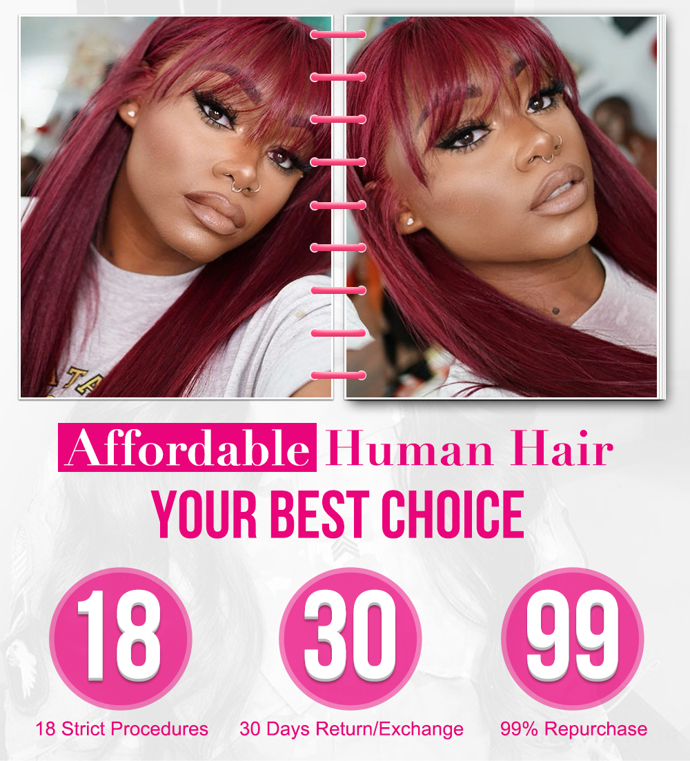 Julia Hair 99J Color Straight Human Hair Wigs With Bangs Breathable Burgundy Colored Human Hair Wigs For Black Women