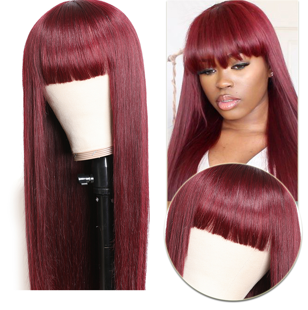 Julia Hair 99J Color Straight Human Hair Wigs With Bangs Breathable Burgundy Colored Human Hair Wigs For Black Women
