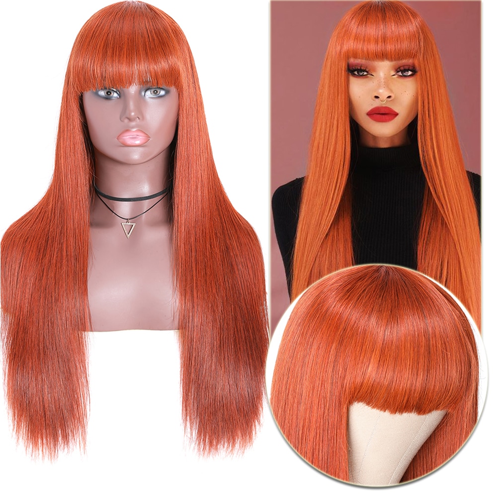 Julia Ginger Orange Color Real Hair Wigs With Bangs Colored Capless Straight Human Hair Wigs