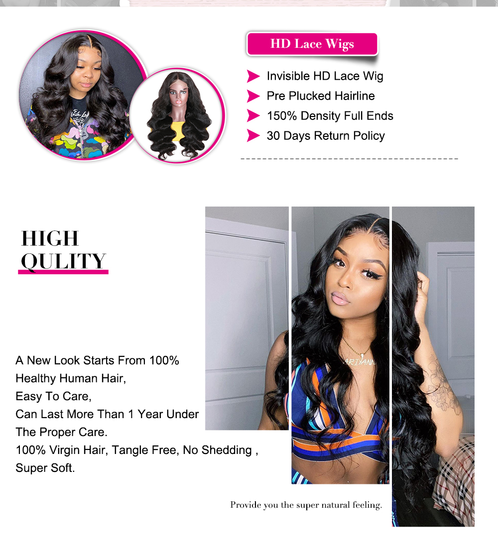 Julia Hair 13x4 Undetectable HD Lace Frontal Body Wave Glueless Wigs Pre Plucked Hair Hairline 100% Human Hair Wig