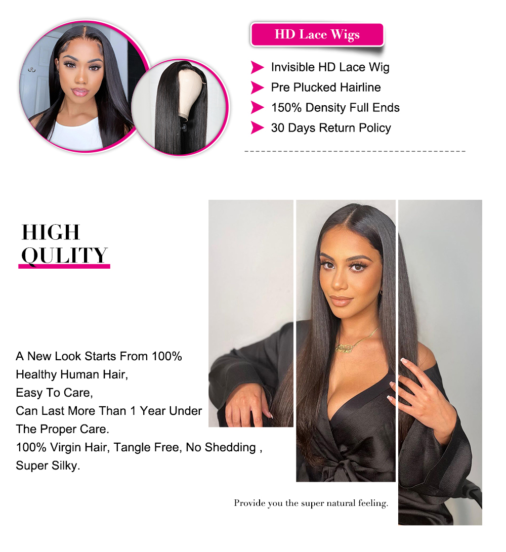 Julia Hair 5x5 HD Lace Glueless Wigs 180%Density Undetectable Lace Wigs Pre Plucked Lace Closure Straight Wave Human Hair Wigs