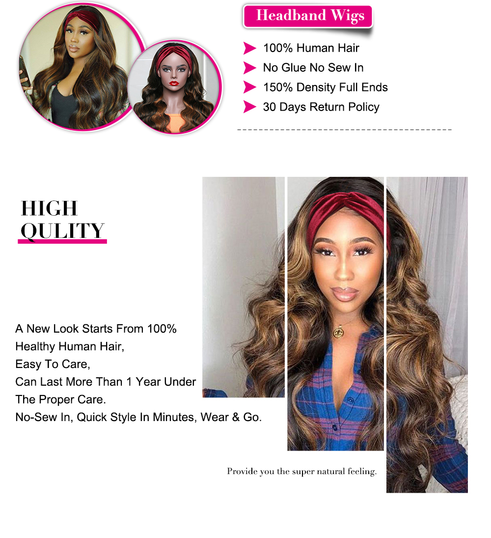 Julia Hair Highlight #FB30 Body Wave Headband Wigs With Scarf Attached High Quality No Glue No Sew In