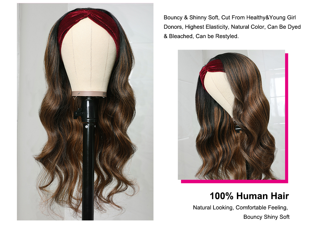 Julia Hair Highlight #FB30 Body Wave Headband Wigs With Scarf Attached High Quality No Glue No Sew In