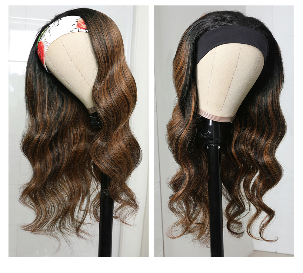 Julia Hair Highlight #FB30 Body Wave Headband Wigs With Scarf Attached High Quality No Glue No Sew In