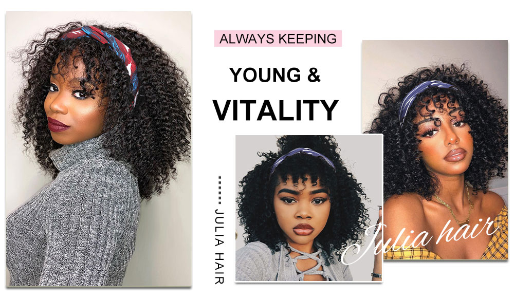 Julia Hair Curly Wave Short Bob Wigs With Bangs Natural Black Wig With Headband Attached For Women